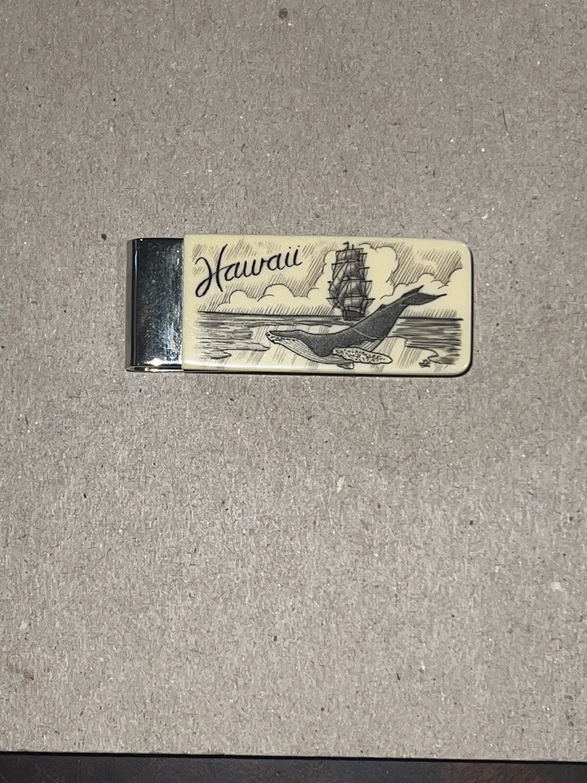 Scrimshaw Style Ship With Humpback Whale Money Clip