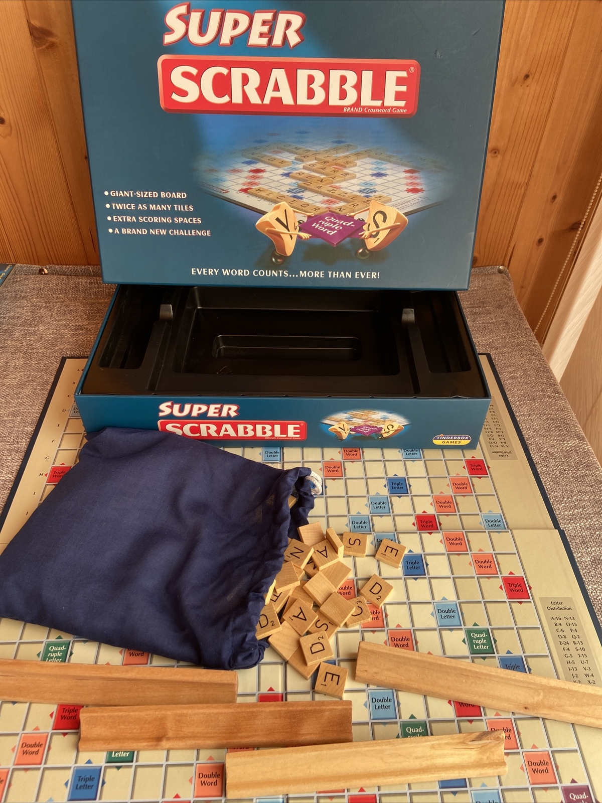 SUPER SCRABBLE GAME GIANT SIZED BOARD 200 WOOD TILE EDITION TINDERBOX GAMES 2006