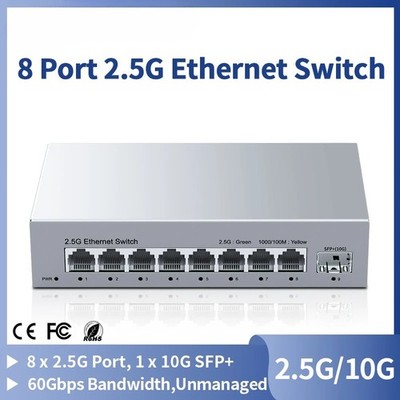 2.5GbE Ethernet Switch Unmanaged 2.5Gbps Network Switch 1 Port 10Gb SFP+ Slot