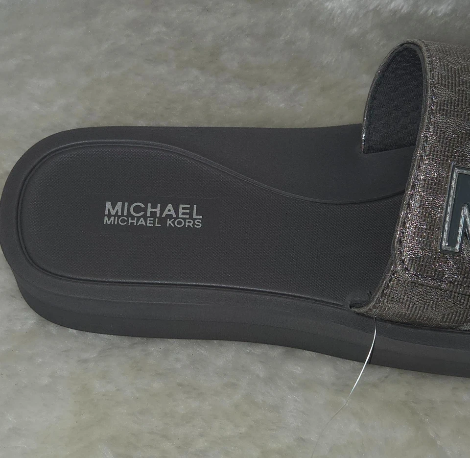 Sandalias MK Michael Kors MK Plataforma Deslizable Gris/Plateado Mujer Talla US 8 NUEVAS Foto 4 de 4