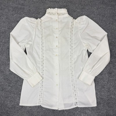 Vintage 80s Laura Ashley White Ruffle Blouse Womens 8 Crochet Lace High Neck