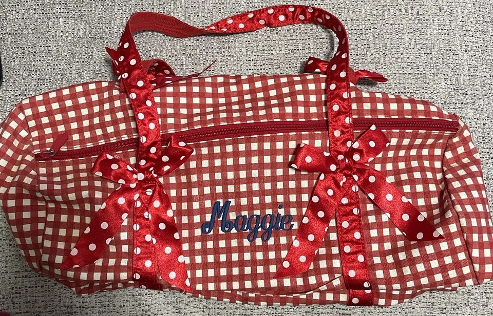 Children’s Vintage Red Plaid Luggage Combo. Monogram with Maggie in Blue  - Image 2 of 3