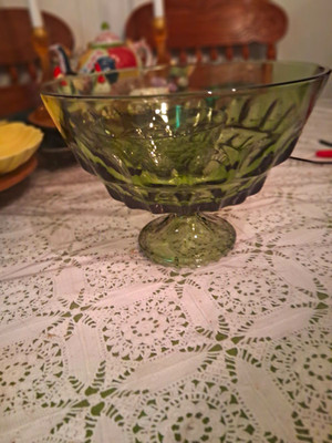 Hazel Atlas Green Glass Compote Reflection Pattern Avocado Green Vintage