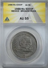 1988-Mo Mexico 5000P Pesos ANACS AU55 Mint Error Broadstruck