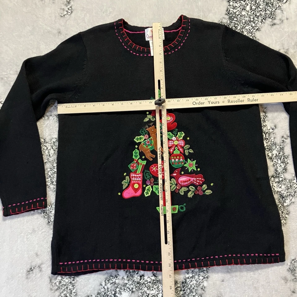 Quacker Factory Sweater Womens Sz Black Christmas Tree Embroidered Embellished - Image 3 of 4