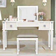 Vanity Desk Makeup Table Set Dressing Table w/ Mirror & 2 Drawer & Stool White