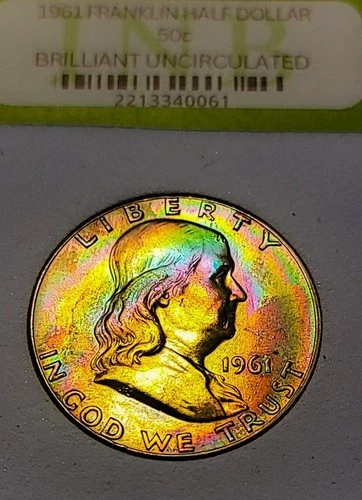 1961-Franklin 50c Half Dollar Unc, FBL -  Rainbow Toned - 90% Silver Coin. #061