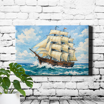 Blue Sea Sailing Ship White Sails Framed Canvas Wall Decor 24x16inch