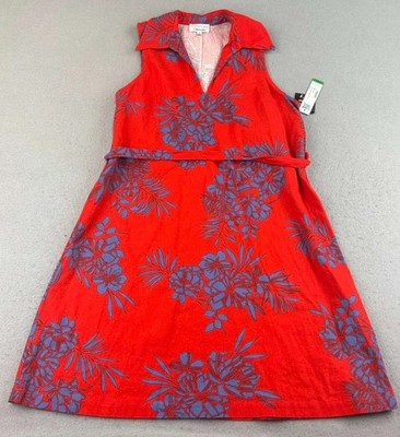 Robbie Bee Dress Womens Large Red Floral Linen Sheath Sleeveless Belted  NWT