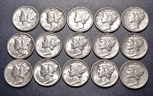 Lot of (15) Nice AU & BU U.S.  Mercury Dimes