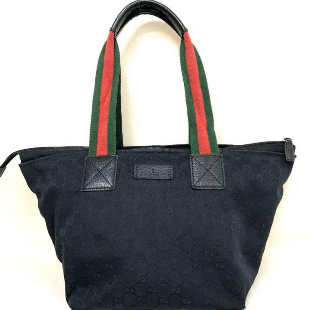 Gucci GG Canvas Leather Tote Bag Black Trapezoid Made in Italy Japan