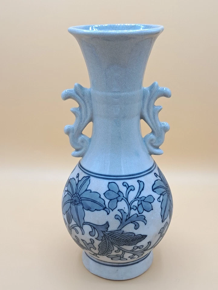 Jarrón de mesa de celadón chino alto de cerámica artística vintage asas de ala pintado a mano Foto 3 de 4