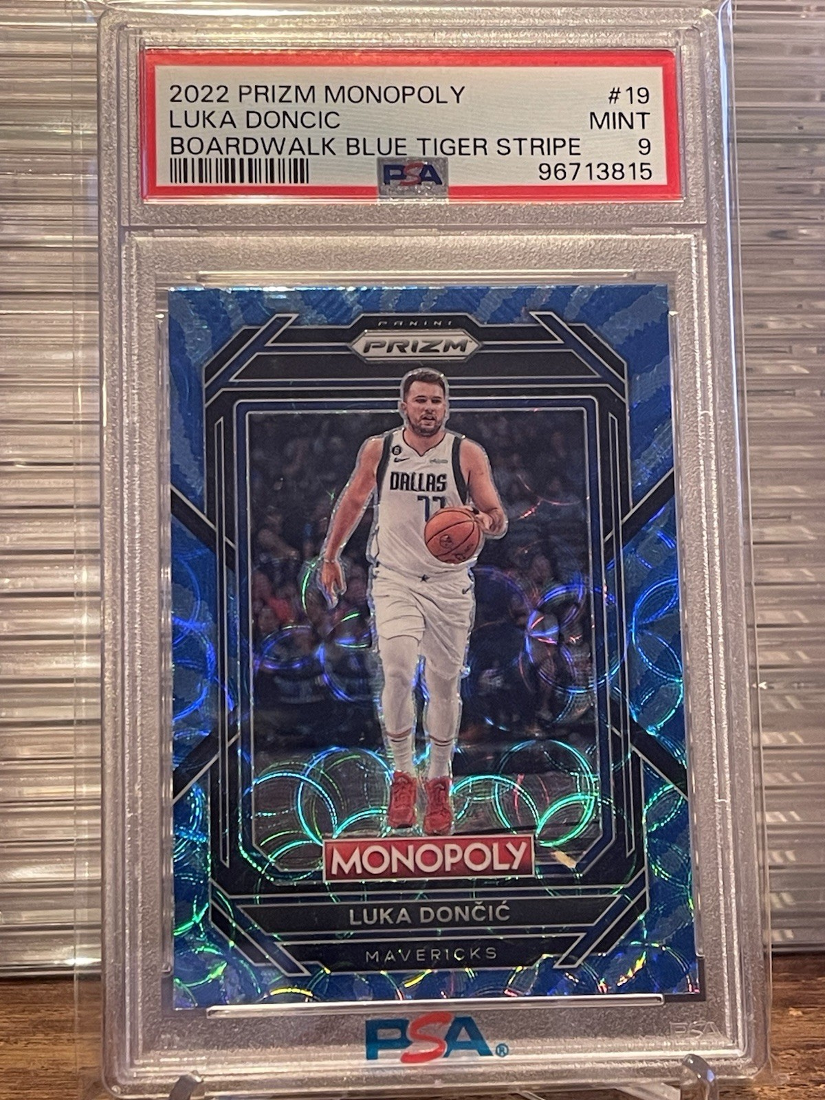 2022 Prizm Monopoly Luka Doncic #19 Boardwalk Blue Tiger Stripe SSP PSA 9
