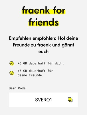 fraenk Gutscheincode SVERO1 +5 GB dauerhaft! fraenk for friends *Telekom-Netz*