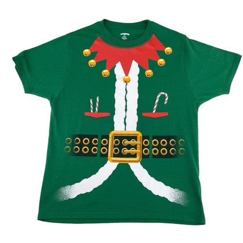Holiday Time Mens Green Christmas Santa Elf T-Shirt Tee Size Medium Short Sleeve