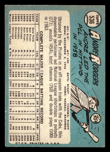 1965 Topps Andre Rodgers #536 GD Pittsburgh Pirates SP - Imagen 2 de 2