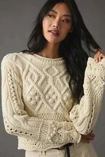 Vive La Fete Bardot Bauble Sweater Anthropologie Large Cream L/S Chunky Crop