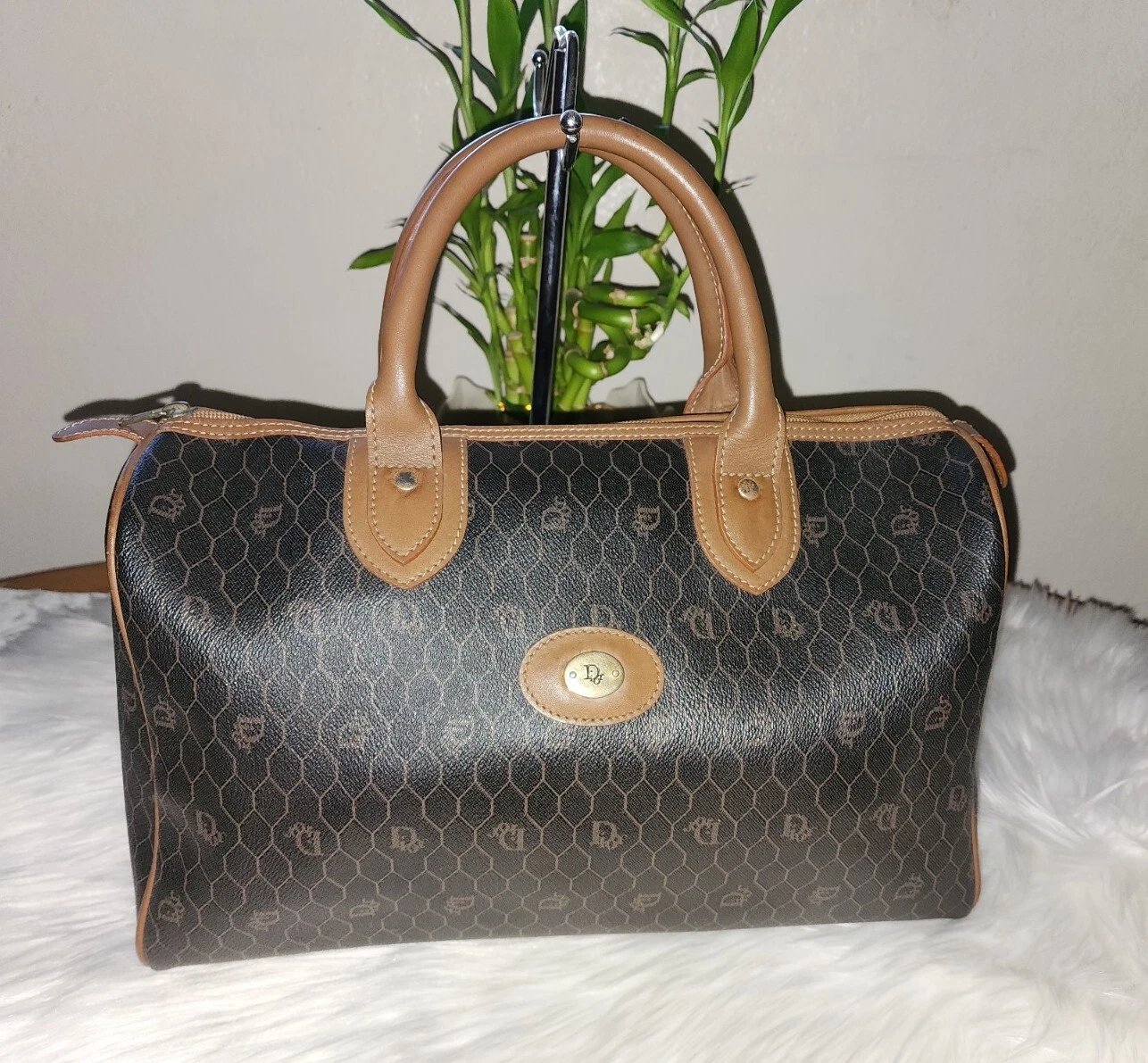 Sac de sport authentique Christian Dior noir/brun monogramme en nid d'abeille Boston vintage 
