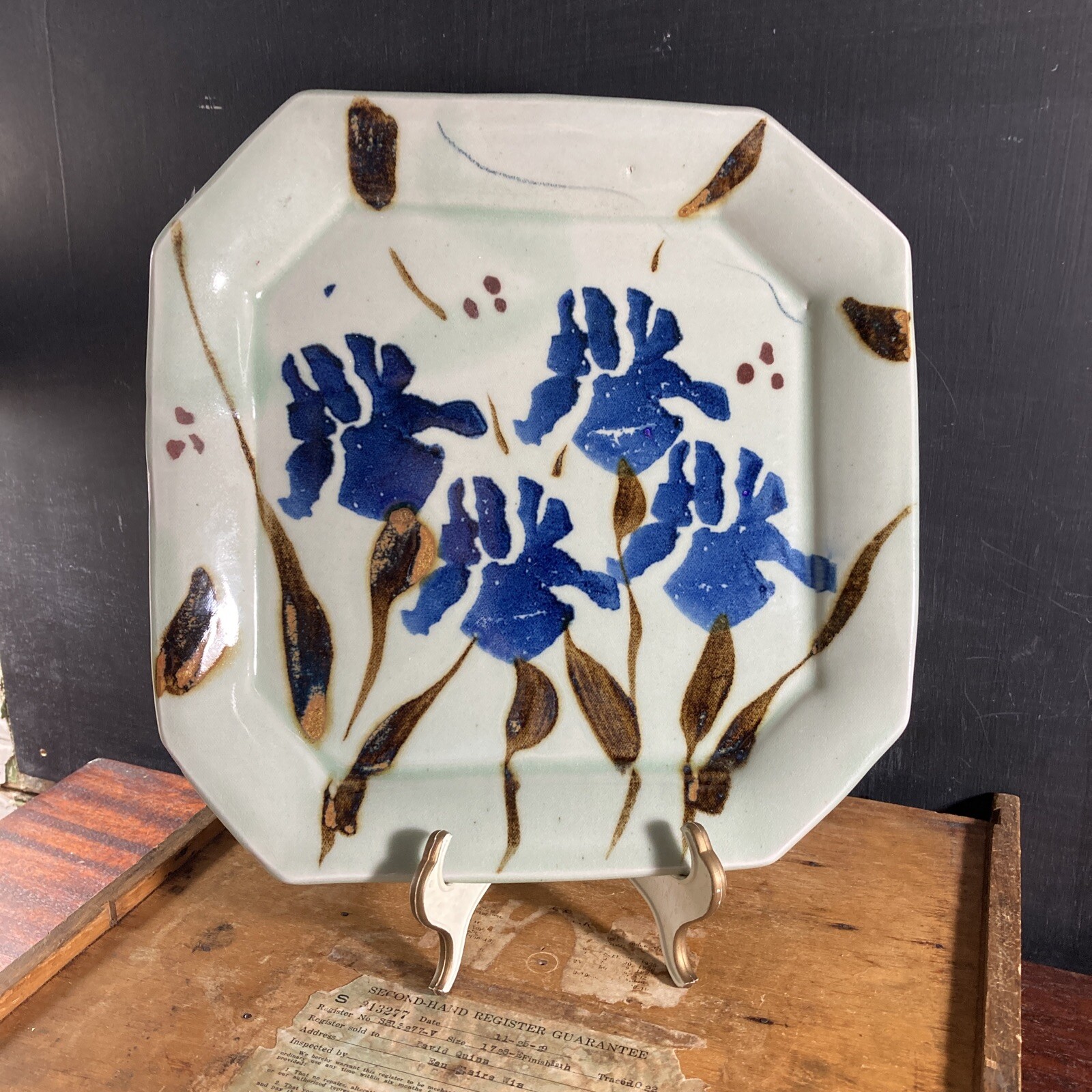 Signed Studio Art Pottery Platter with Blue Iris & Brown Leaves Unknown Artist