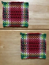 Handmade 2 LARGE 8 1/2 inch Cotton Woven Potholders Watermelon Pink Red Green