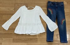 Girls Abercrombie Cat Jack Outfit size 5 - White Top w/Rainbow Jeans EUC