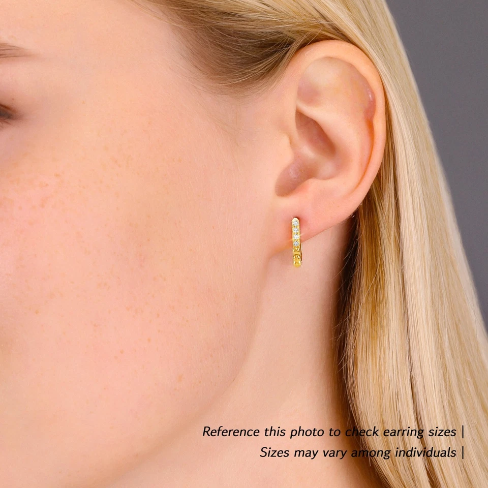 14K Real Solid Gold Dainty Pave Diamond Small Huggie Hoop Earrings Labgrown 12MM - Image 2 of 4