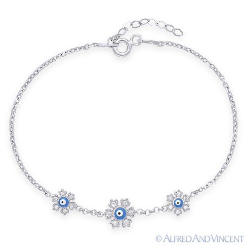 Evil Eye Turkish Nazar Greek Hamsa Snowflake Charm .925 Sterling Silver Bracelet - Picture 3 of 3