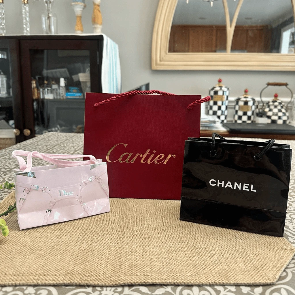 Lot Assortiment Sacs Cadeau Papier Cartier Dior Chanel Authentique Mini Tailles 3 Pc