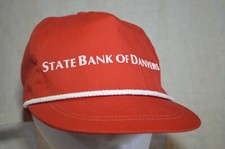 State Bank of Danvers Vintage Red Leather Strap Roped Cap Hat Made in USA
