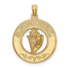 14k Yellow Gold SANIBEL With Conch Shell Circle Charm Pendant 2.38gm L-24.4mm