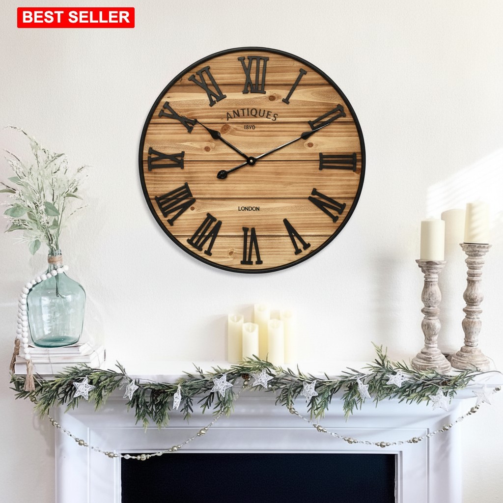 Wall Clock Oversized 24 In Farmhouse Rustic Wood Finish Silent Battery Operated