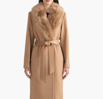 NEW, Sofia Cashmere Belted Genuine Shearling Trim Coat in Camel Sz 10 #W161