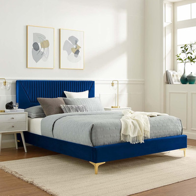 Yasmine Navy Velvet Queen Platform Bed with Tufted Design