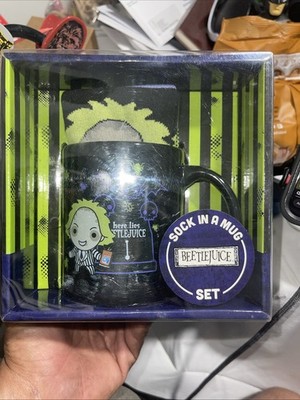 BEETLEJUICE Here Lies: Gift Set Bundle Sock, 1 Sticker, Coffee Mug 17OZ 