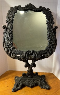 Ornate Vintage 17'' Tall Cast Iron Tilting Table-Top Vanity Mirror.