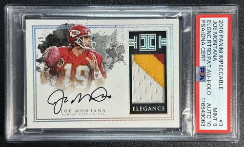 JOE MONTANA PSA 9 2016 PANINI IMPECCABLE 3 ELEGANCE GU 3-COLOR PATCH 10 AUTO /5