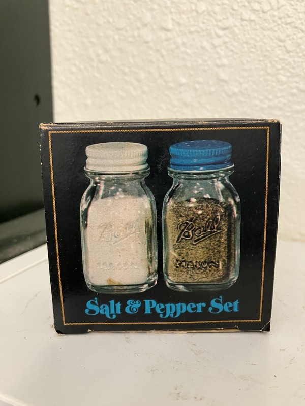 Ball Salt & Pepper Shakers Blue White 1984 Antique Mason Fruit Jar Go With