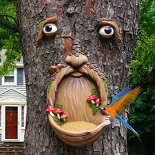 Tree Face Birdfeeder Outdoor Statues Tree Hugger Sculpture Whimsical Garden D...