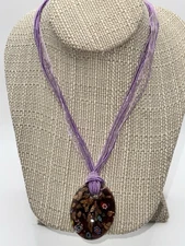 Purple Murano Style Art Glass Pendant Necklace Millefiori Ribbon Cord