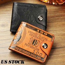 Mens US 100 Dollar Bill Leather Bifold Wallet With Button Coin Purse Best Gift