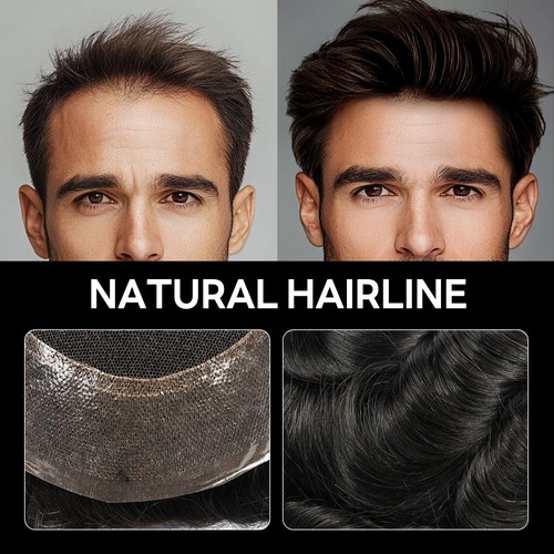 Mens Toupee Wigs French Lace Poly Pu Around Human Hair Piece Replacement System - Picture 11 of 61