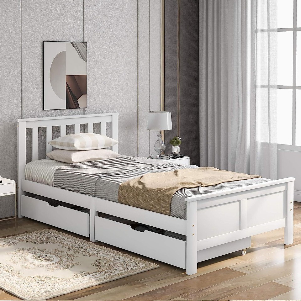3ft Single Wooden Solid White Pine Storage Bed Frame with Drawers Bed