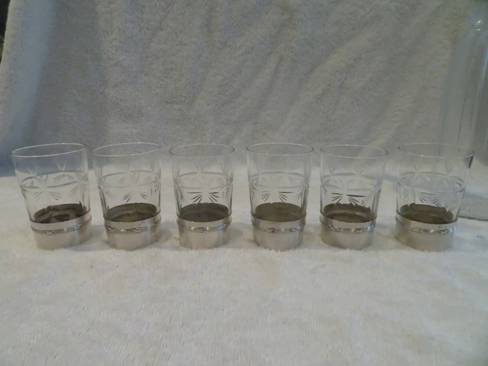 1910 copas de aperitivo de cristal francés y plata de ley 7,5 cl, jarra Luis XVI Foto 3 de 4