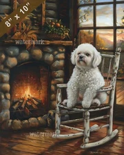 Bichon Frise painting in a cozy cottage 8x10 Print