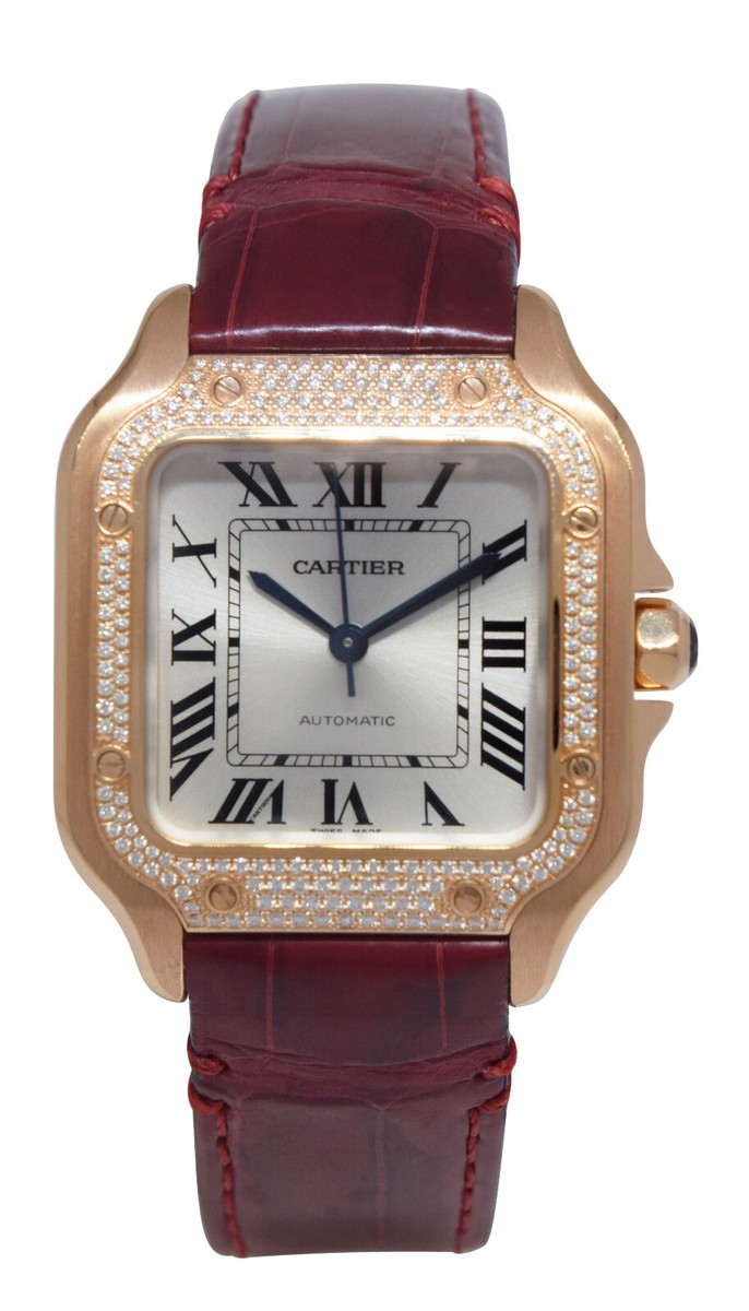 Cartier Santos Medium 18k Rose Gold Diamond Ladies Automatic Watch