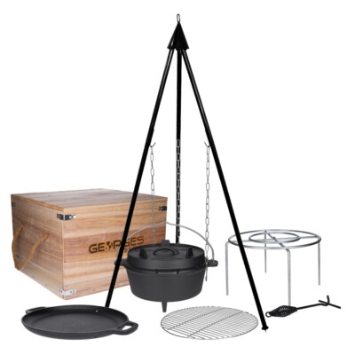Premium BBQ Dutch Oven Tripod Set in Holzkiste inkl. Dreibein Grillrost Pfanne