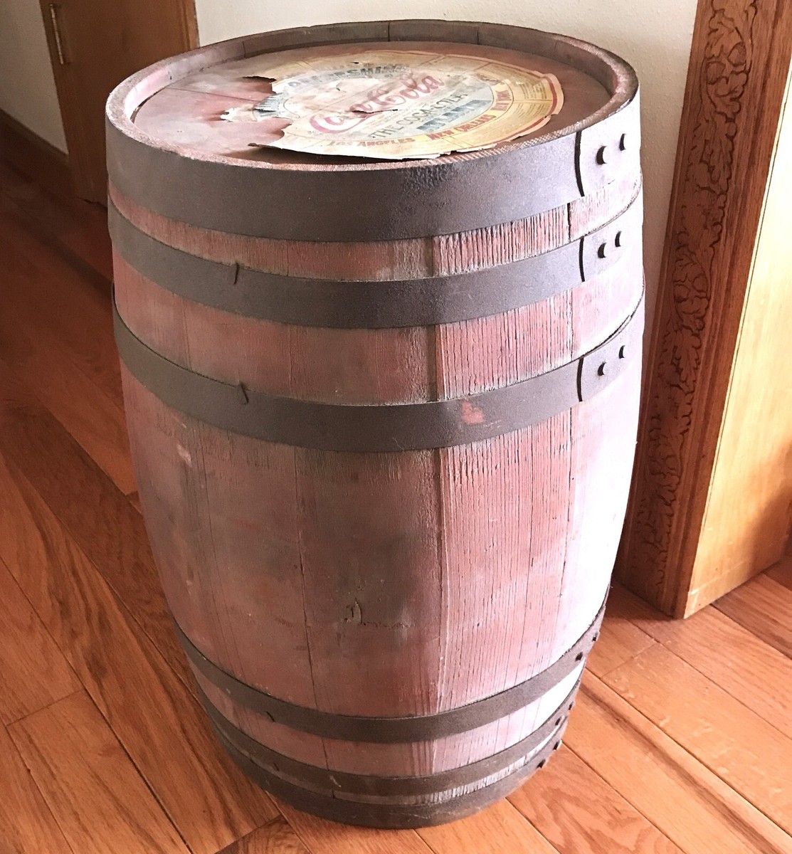 Antique Coca Cola Wood Syrup Red Barrel Metal Staves Original