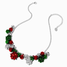16' 3" CLAIRE'S Christmas Jingle Bell Bow Pendant Necklace Silver Red Green Gift