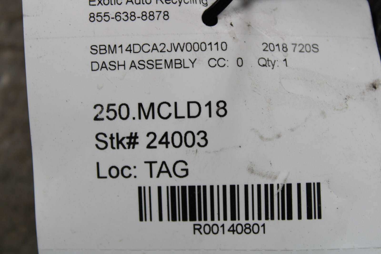McLaren 720S, Dash Reinforcement, Used, P/N 13N1518CP
