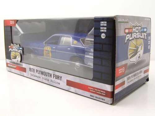 Modelo de coche Plymouth Fury 1978 azul de la policía estatal de Delaware 1:24 luz verde - Imagen 10 de 10